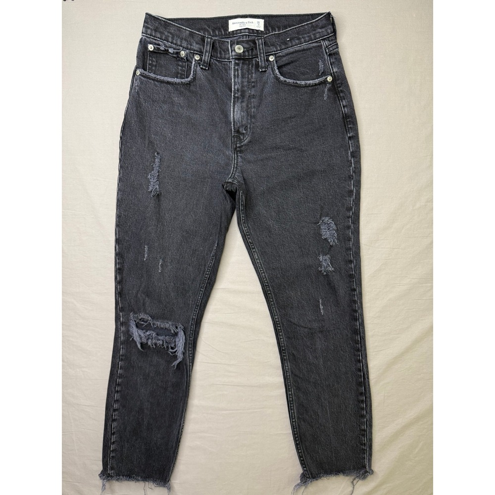 Abercrombie & Fitch Mom Jeans Women 26/2 Black EUC High Rise Distressed Frayed